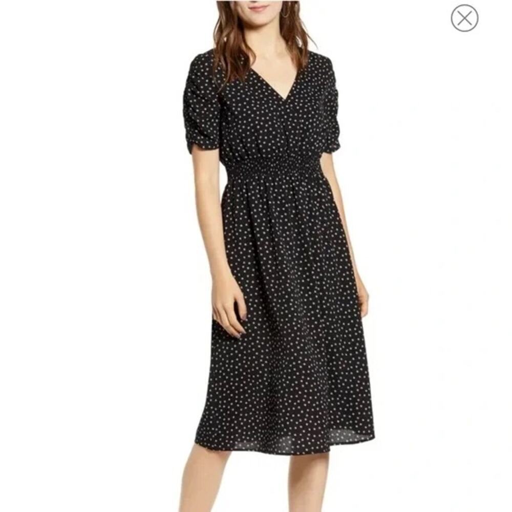 NWT GOOD LUCK GEM Black & White Floral Ruched Short Sleeves Midi Dress Size XS